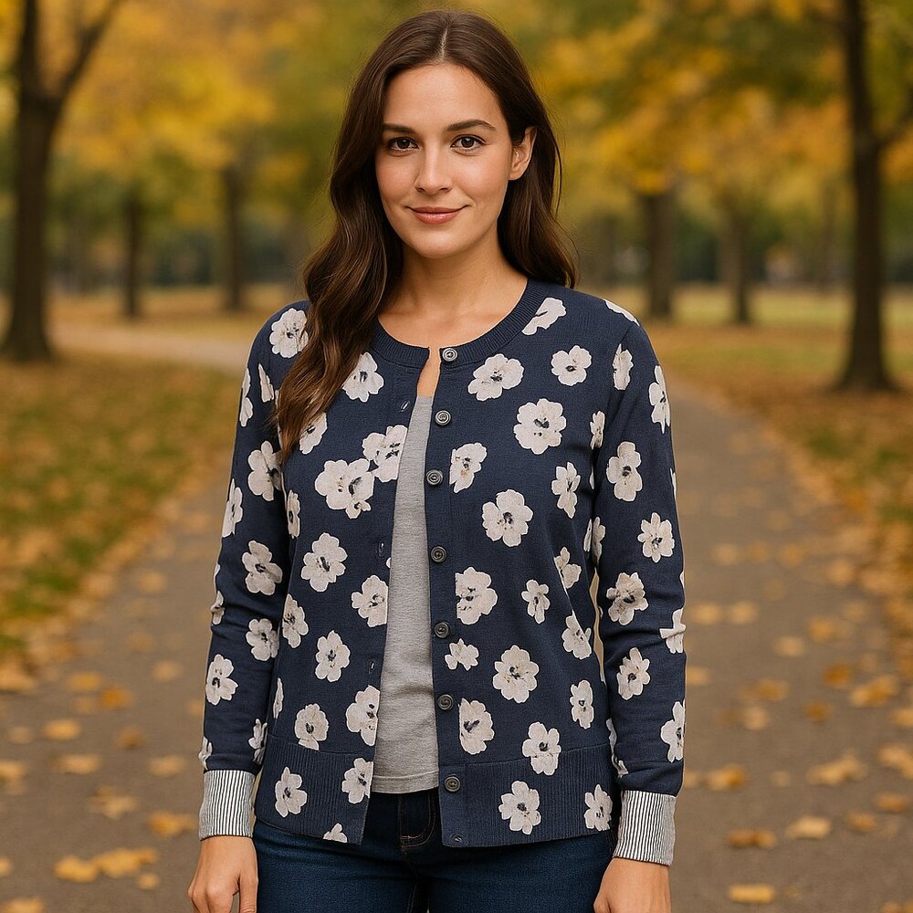 LOFT Women’s 100% Cotton Floral Button Front Sweater – Gray & Blush Pink – Size